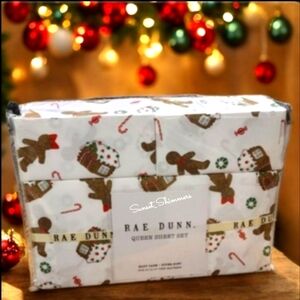 4pc Rae Dunn Queen Gingerbread Christmas Sheet & Pillowcase bed Decor Set New